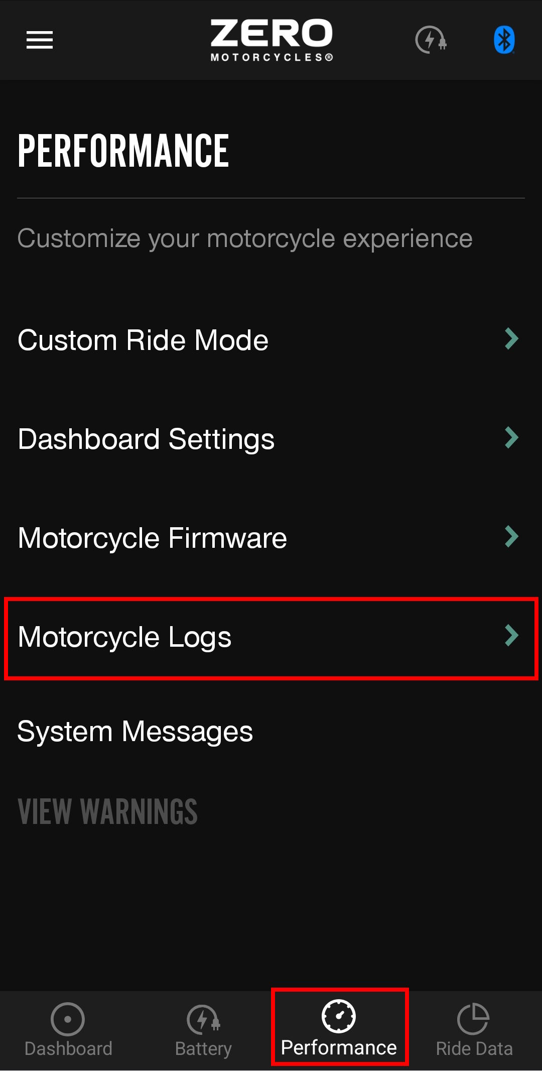 Zero Motorcycles Next Gen App screenshot - Performance Screen